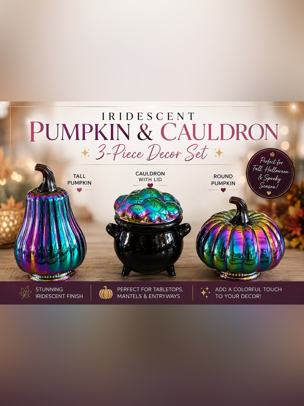 Iridescent Cauldron & Glass Pumpkin 3pc Bundle ~ Decorative Accent - Multicolor